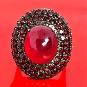 925 Sterling Silver Ring Sz 9 with Oval Cabochon Natural Ruby & Diamonds